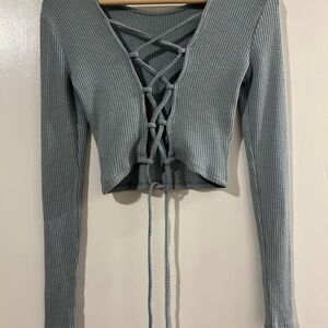 Garage Light Blue Lace-Up Ribbed Long Sleeve Top
